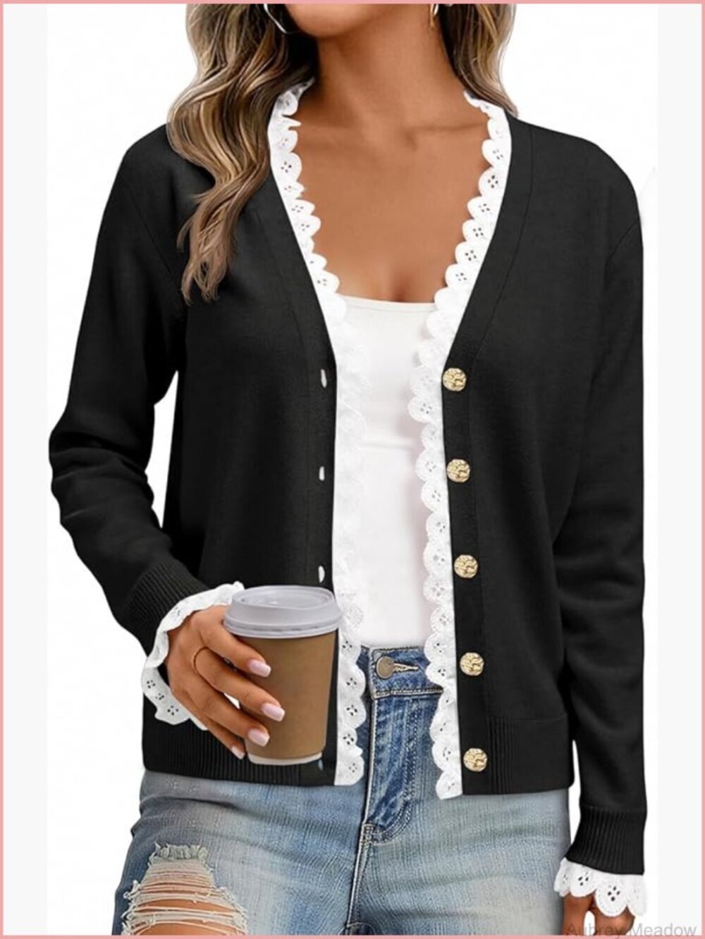 Lace V-Neck Cardigan Sweater Button Down Long Sleeve Knit Open Front Lightweight